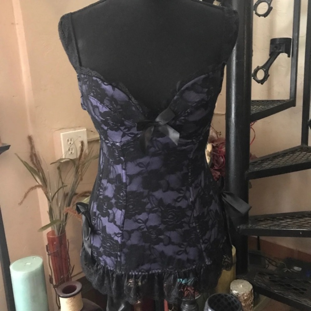NWOT SEXY Ruffles Blue Black Lace Up Corset Bustier Lingerie Vintage Shapewear